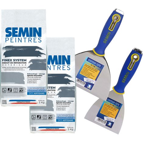 Lot de 2 enduits de réparation, rebouchage et lissage Reboucheur extérieur Semin - très forte adhérence - Sac de 5 kg, un couteau à enduire - 10 cm et un couteau à enduire - 15 cm (1/5)