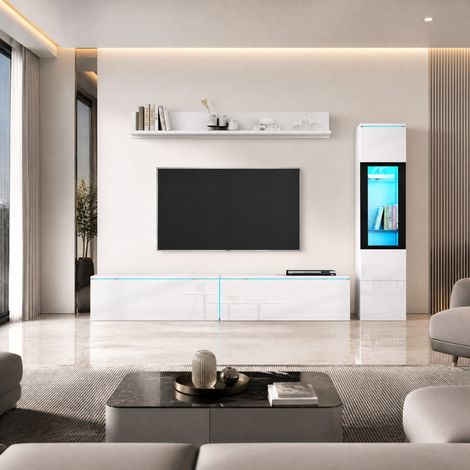 Mueble TV de 3 piezas LED RGB blanco 180 cm con vitrina y estante de pared DESVIAE (1/5)