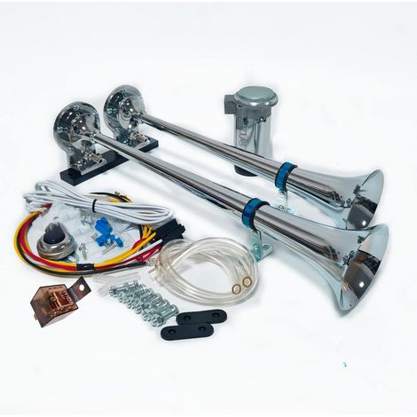 Klaxon de voiture 170 dB - 24 V - Zinc chromé - Argenté - Pompe à air - Compresseur - Double tube - Pour voiture, train, bateau (1/5)