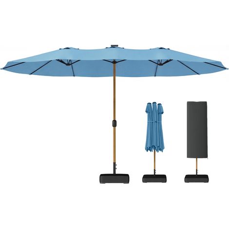 Parasol Double 5x3 m avec manivelle, protection UV, bleu, pied inclus