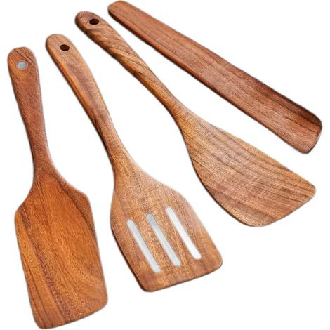 Spatule Cuisine Bois Set Ustensiles de Cuisine Bois en Teck, 4 Pièces (1/4)