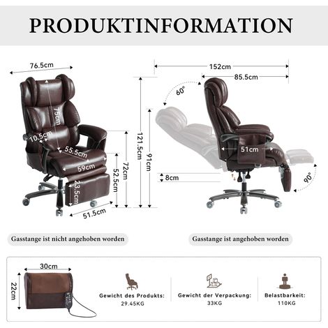 Fauteuil directionnel ergonomique XXL, confortable avec massage et chauffage intégrés, similicuir PU, repose-pieds, pivotant, dossier ajustable, capacité jusqu'à 150 kg, pour bureau et télétravail (Ma