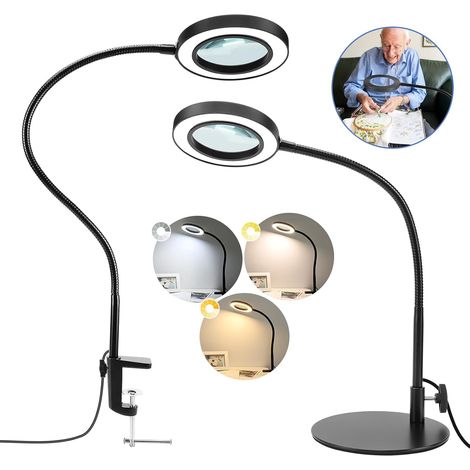 1PCS Loupe avec lumière et Support, Lampe de Bureau à col de Cygne Flexible 2 en 1 avec Pince, 3 Modes de Couleur, Loupe éclairée réglable en continu, Mains Libres pour l'artisanat, la Peinture (1/5)