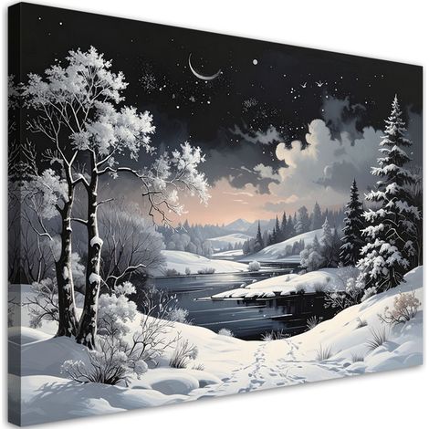 Wandbild Winterlandschaft Schnee Nacht Bäume Fluss 90x60 cm (1/5)