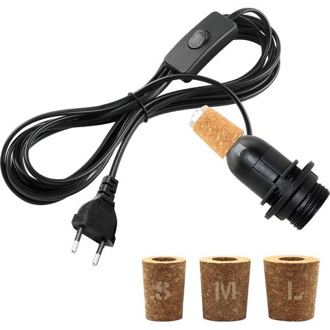 Kit Lampe Bouteille, Douille E14 avec Cable et interrupteur 2.4M, Douille pour Bouteille Lampe, Inclus 3 Bouchons Souples, Adaptateur de Bouteille, Douille Ampoule pour Différent Bouteilles, Noir (1/5)