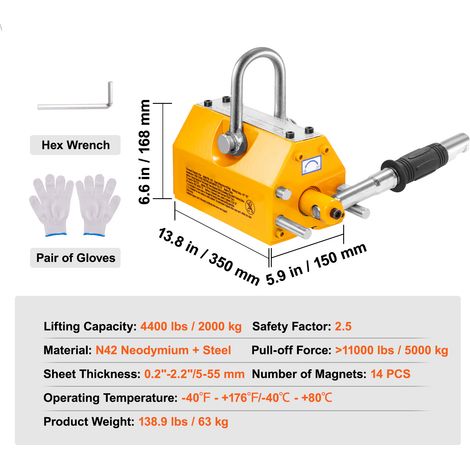 Mophorn Magnetlift, Zugkraft 4400 lbs/2000 kg, Sicherheitsfaktor 2,5, Neodym und Stahl, Lasthebemagnet mit Entriegelung, robust für Hebezeuge, Ladenkräne, Blöcke, Platten, Permanentmagnete (1/4)