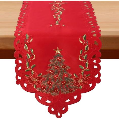 Chemin de table de Noël rouge de 70 pouces, brodé d’un arbre et d’une étoile de Noël - Chemin de table en lin à ajour pour salle à manger, cuisine, cheminée ou table basse, élégante décoration de Noël (1/4)