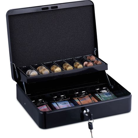 Relaxdays Caja de Dinero, con Cerradura, Hierro, Bandeja para Monedas y 4 Espacios para Billetes, 8,5x30,5x24,5cm, Negro