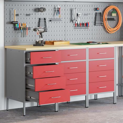 Werkbank mit Schubladen 3 pcs Rot und Grau 150 x 55 x 85 cm