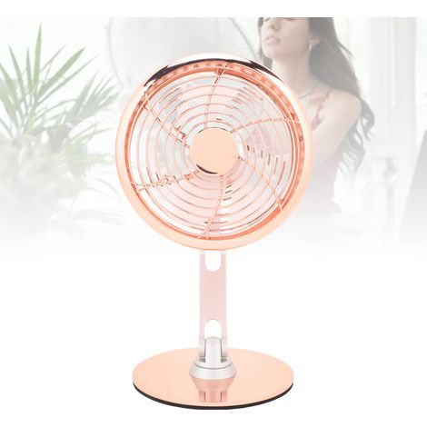Ventilador de mesa USB de estilo retro con 3 velocidades, funciona con pilas, gira 360° y tiene una base metálica estable de color oro rosa. (1/5)