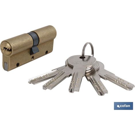 COFAN cilindro seg. antibumping 40/40 l. larga-latón , En acero y Latón, saliente en acero aglutinado autolubrificante. Compuesto 5 llaves planas reversibles de cuellos largo y tar