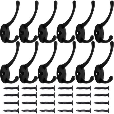 Packung mit 12 schwarzen Wandhaken inklusive 24 Schrauben, Retro-Doppelhaken, schwarze Universalhaken für Mäntel, Schals, Taschen, Handtücher, Schlüssel, Mützen, Tassen und Hüte. (1/4)