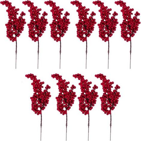 Branche artificielle de baies rouges - Décoration de Noël - Brindilles rouges - 10 pièces - Accessoire décoratif de Noël (1/5)