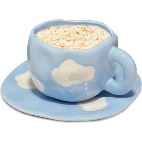 Ensemble de tasses et soucoupes en céramique de forme irrégulière, tasses à café peintes à la main avec motif nuage (250 ml) – un cadeau original pour votre fille, votre petite amie, votre mère ou un (1/5)