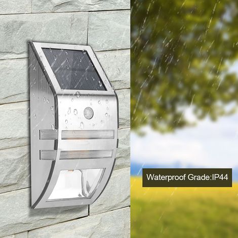 Solarbetriebene Außenwandleuchte mit PIR-Bewegungsmelder, 2 reinweißen LEDs, silberfarben, Sicherheitsbeleuchtung für Gartenwege, kabelloses Set (1/5)