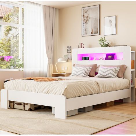 REDOM - Lit double 140x200 cm avec rangement, LED et prises bois blanc (Sans matelas) (1/5)