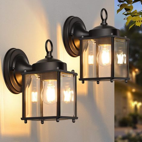 LAN Außenwandleuchte, wasserdichte Wandleuchte für die Haustür, schwarz mit klarem, abgeschrägtem Glasschirm, rostfrei, E26-Fassung, Verandaleuchte für Garage, 2er-Set (1/5)