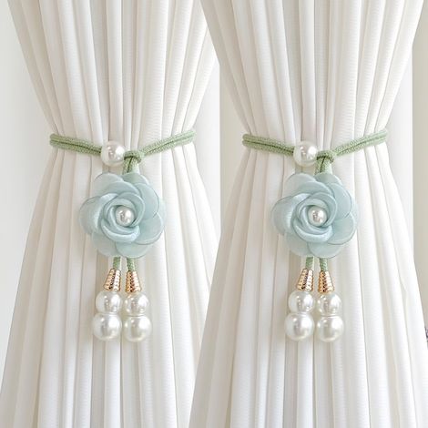 2 pièces Liens de Rideau en Fausses Roses : Cordon de Rideau Vintage Romantique pour Saint-Valentin, Design Floral Réaliste, Sans Perçage, Décoration de Chambre et Salon (vert) (1/5)