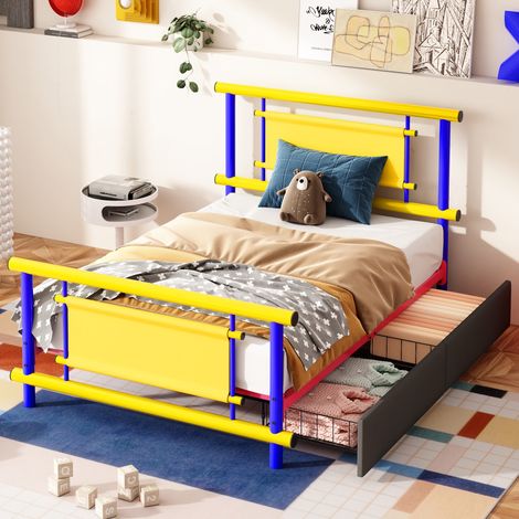 Kinderbett Metall 90x200 cm mit Schubladen - Robuster Stahlrahmen platzsparendes Einzelbett Plattformbett für Jungen und Mädchen - Blau Modern