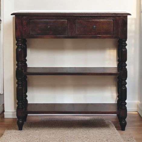 AMXCNOY Table d'appoint cerisier pieds tournés en bois massif, 2 tiroirs, 2 fentes ouvertes, Brun