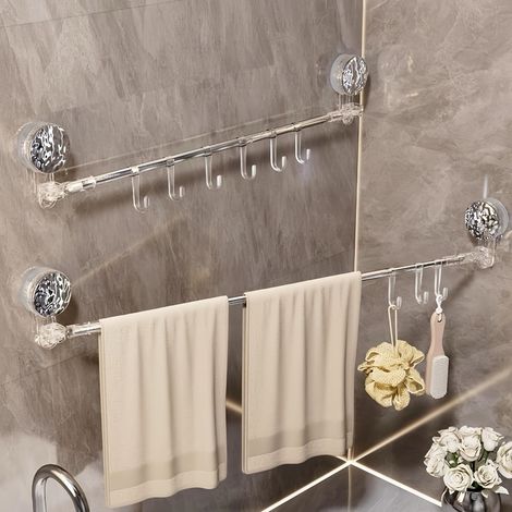 Trade Shop - BASTONE TELESCOPICO REGOLABILE 76-135CM A VENTOSA DA PARETE CON GANCI ROTAZIONE A 180° -