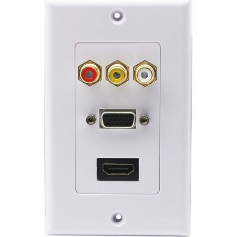 Placa de pared 3RCA + HDMI + VGA HDMI Componente Compuesto Audio Video Cargador Toma de corriente de pared Soporte Placa frontal Cubierta del panel Blanco (3RCA y HDMI y VGA) RCA, HDMI y VGA (1/5)