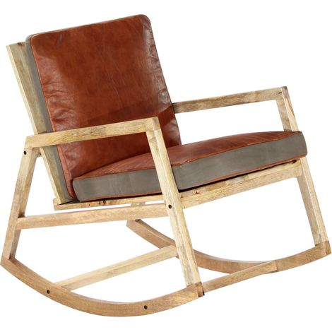 Chaise à bascule Fauteuil à bascule  Fauteuil de Relaxation Marron Cuir véritable et manguier massif 51725 (1/5)