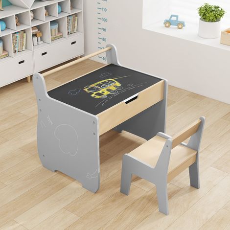 Table et Chaise pour Enfants Bureau d'Activités en Bois pour Tout-petits Plateau Amovible 2 en 1 Rangement Porte-rouleau de Papier Gris (1/3)