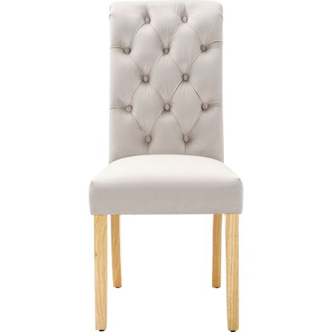 ELVMI Lot de 2 Esszimmerstühle aus Samt mit Eichenbeinen, Knopf, Beige (1/5)