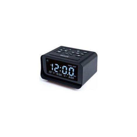 Crezuo Kabelloser Digitalwecker mit zwei USB-Ladeanschlüssen für das Schlafzimmer, einstellbare Lautstärke und Helligkeit (Schwarz)