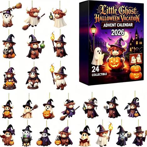 Halloween Advent Calendar 2026 - Halloween Ghost Highland Bull Countdown Calendar - Design D - Flat