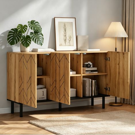 Aparador (120x35x70 cm), 3 puertas, diseño de ondas, tablero de partículas, color madera natural y negro (1/5)