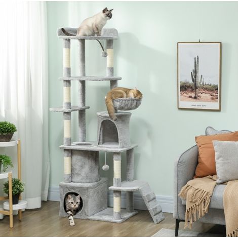 Albero per gatti 170 cm con tunnel, nicchie, amaca e pali in sisal, grigio chiaro HAVRYA (1/3)