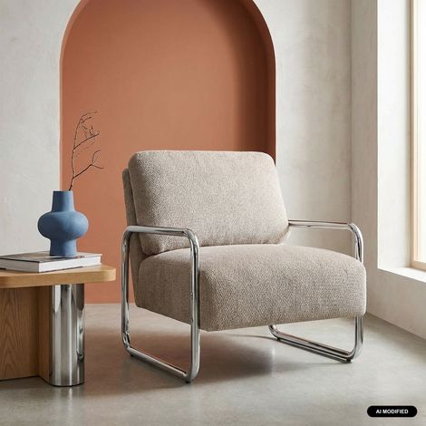 Fauteuil vintage tissu chenille armature chromée beige foncé - Joe