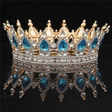 Vintage königliche Kristalltiara und Krone, königlicher Stil, für Schönheitswettbewerbe, Abschlussball und Hochzeit, Haarschmuck, Gold und Hellblau. (1/5)