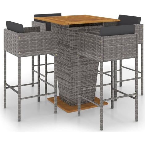 5-tlg. Gartenbar-Set mit Kissen Poly Rattan Grau vidaXL