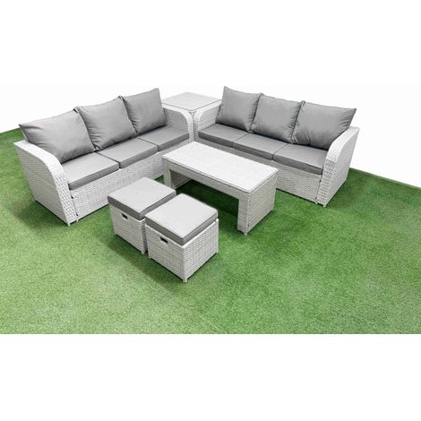 Fimous Outdoor Garden Furniture Sets 8 Seater Wicker Rattan Furniture Sofa Sets with Oblong Coffee Table high Back Lounge Sofa Stools Side Table Light Grey (1/4)