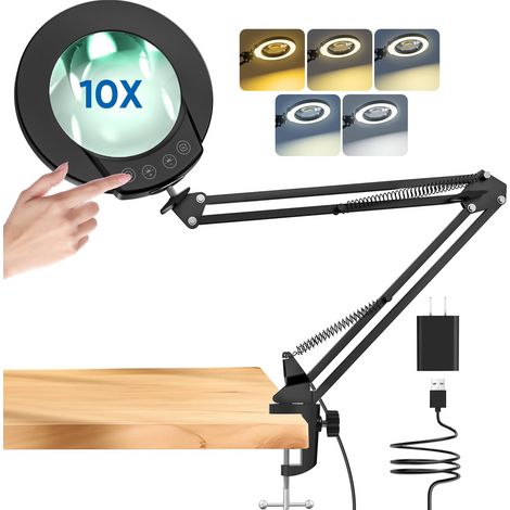 Loupe 10X avec lumière et pince, loupe éclairée en verre véritable avec 5 modes de couleur et intensité variable en continu, lampe de bureau mains libres pour les loisirs, le bricolage (1/5)