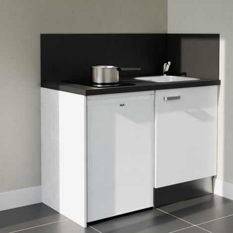 Kitchenette K08L-PT - 120 cm avec plan de travail et évier - emplacement frigo - Façade Blanc - Plan Noir texturé - Evier Inox - Crédences Oui