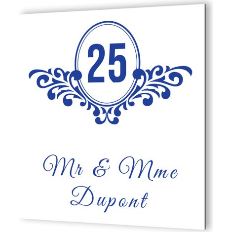 Plaque numéro de maison extérieur personnalisée - Plaque signalétique en Dibond blanc - Modèle baroque avec pictogramme bleu - 20x20 cm, épaisseur 3 mm (1/5)