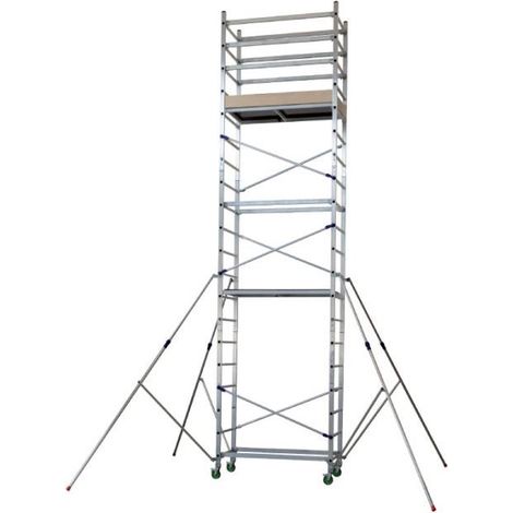 Echafaudages Stéphanois – Échafaudage roulant aluminium 6,90 m – Hauteur de travail max 6,90 m – Largeur 1,53 m – 4 roues avec freins – Stabilisateurs télescopiques