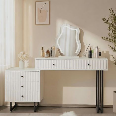 Coiffeuse 100x40x76cm miroir LED trois teintes, plateau extensible table maquillage sans tabouret pour chambre - Blanc (1/5)