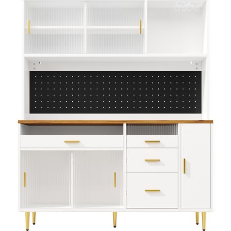 Credenza alta con illuminazione LED 145 x 24 x 171 cm in MDF, metallo e vetro bianco HOMVRA (1/5)
