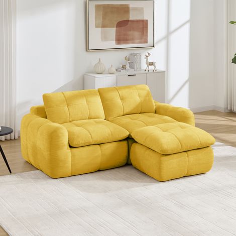 Canapé d'angle modulable en L 2 places sans cadre avec pouf, matelassage à carreaux, base antidérapante, sans montage pour salon, chenille, jaune (1/5)