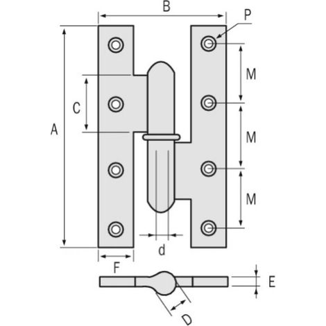 Paumelle gauche menuiserie bois renforcée nœuds ronds grand écartement avec lames à bouts carrés acier 160 x 90 mm - FAURE