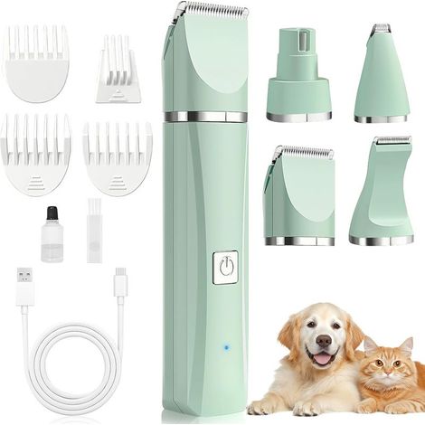 4-in-1 Tierhaarschneidemaschine, leise und kabellos (Grün), USB-aufladbar, 4 Aufsätze, für Katzen, Hunde und Kleintiere (Pfoten, Augen, Ohren, Gesicht), Hundehaarschneidemaschine (1/5)