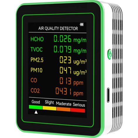 Moniteur de qualité de l'air 6 en 1 : détecteur de dioxyde de carbone multifonctionnel, testeur mural pour PM2.5, PM10, CO, CO2, HCHO et COVT. (1/4)