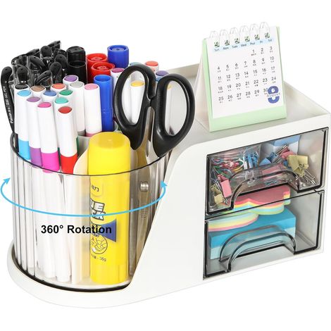 Organizer da scrivania multifunzionale con portapenne girevole a 360°, organizer da scrivania a 6 scomparti e 2 cassetti, portadocumenti, bianco (1/5)