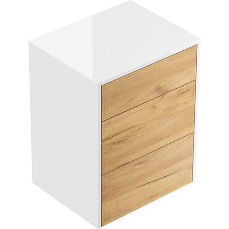Design Nachttisch Lux M 50cm hängend, 3 Pushauszüge Weiß Hgl Eiche