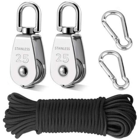 Système de poulie de grue M25 en 2 pièces, système de poulie robuste pour le levage d'un seul palan avec crochet pivotant en acier inoxydable 304 avec 20 m (6 mm) de corde de poulie en nylon et 2 mous